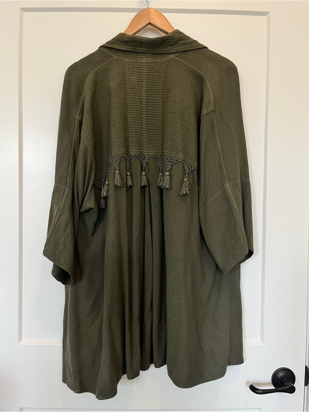 Tienda Ho olive green fringed tassels boho Lagenlook hippie flowy jacket kimono - Picture 10 of 12